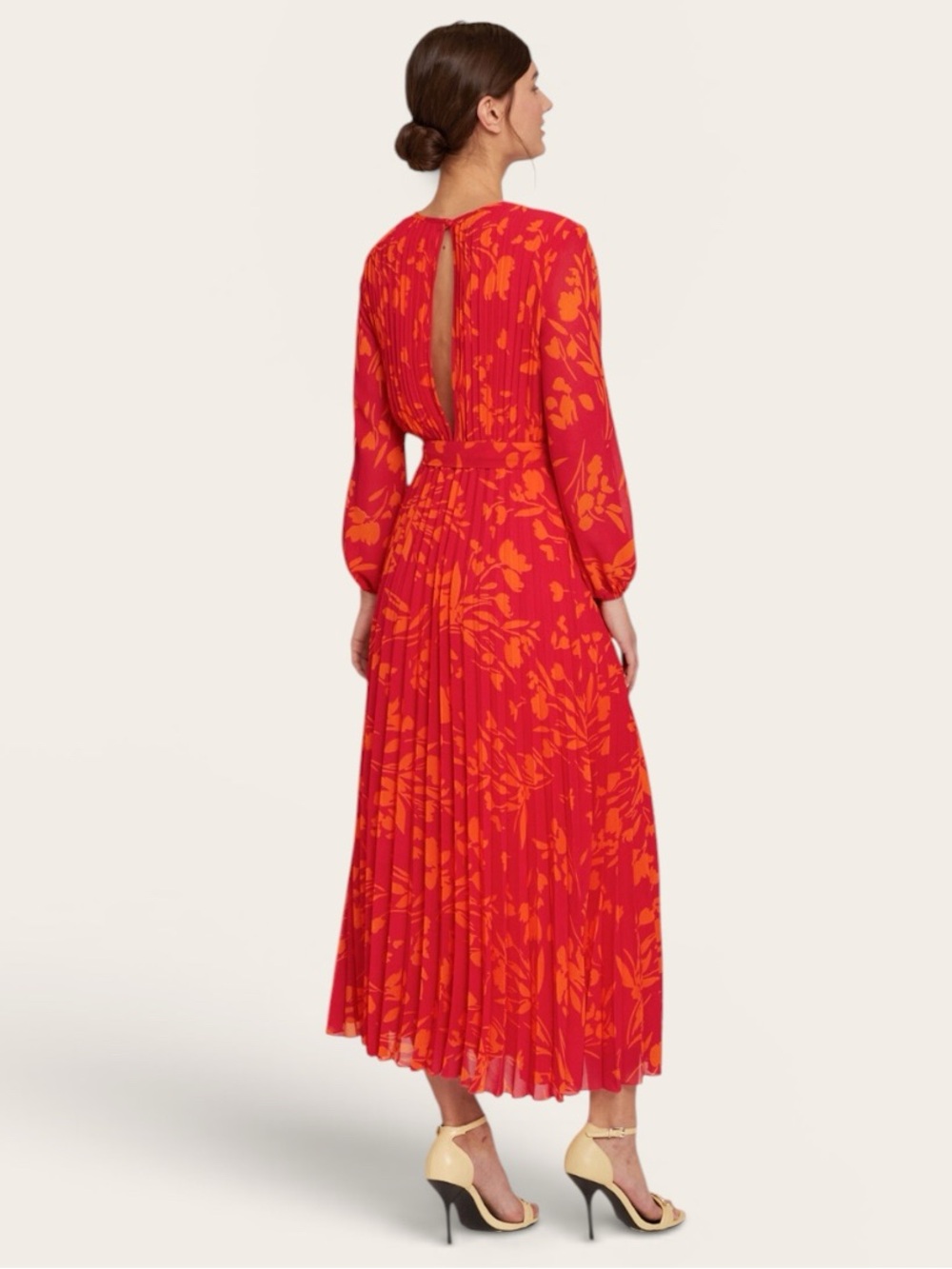 Motivi Georgette Botanical Print Pleated Midi Dress Red Orange Size 8 - Picture 2 of 9